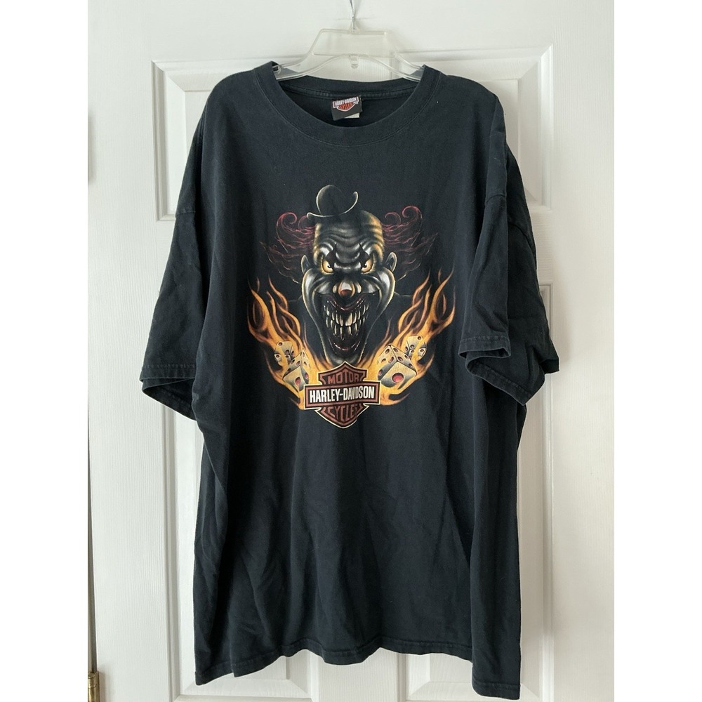 Vintage‎ Harley Davidson Shirt Men 2XL Black Tee Clown Flames Dice Y2K Biker - Picture 1 of 7
